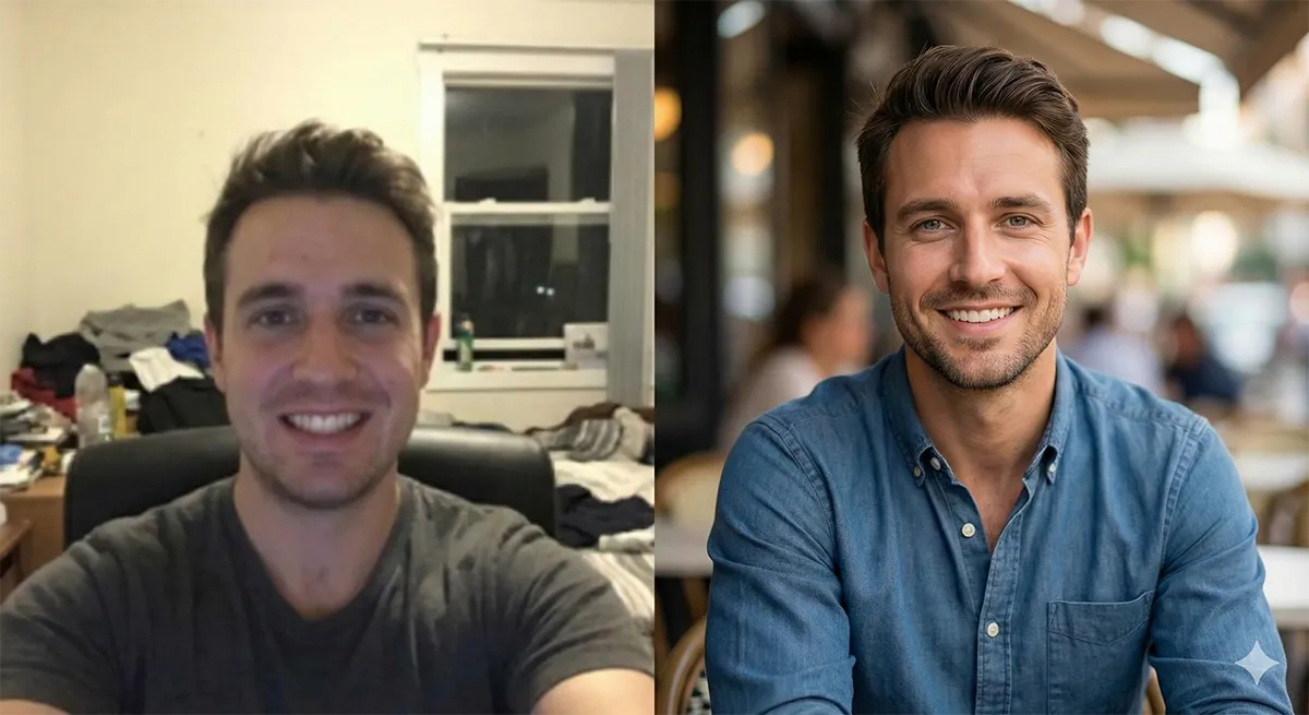 ai-dating-profile-before-after A Before and after dating profile photo using ai