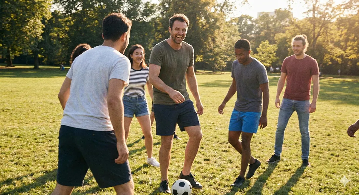 tinder-profile-action-shot-a A man playing soccer, an example of a realistic AI-generated dating profile photo using Google Nano Banana